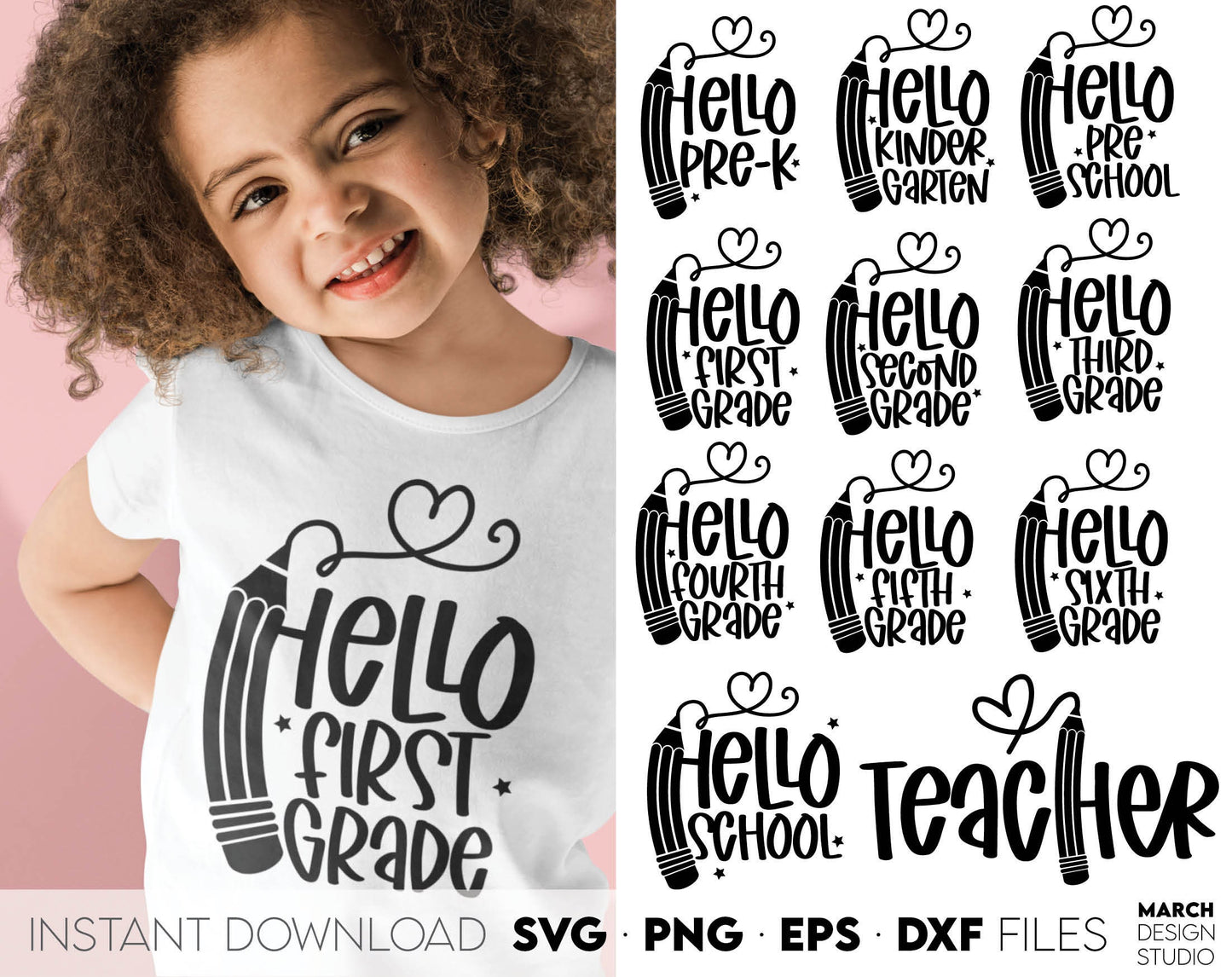 These Hello School SVG Bundle designs, and I hope you can use them to surprise and delight your students and kindergarteners. Files in various formats allow you to use making shirts, tumblers, bags with Cricut, Silhouette and Glowforge machines.