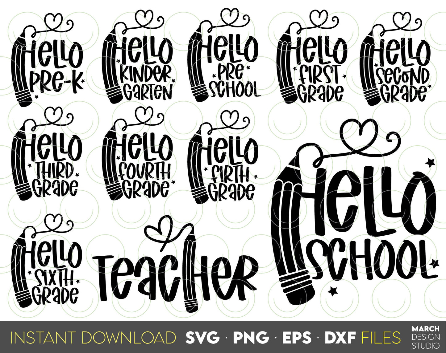 These Hello School SVG Bundle designs, and I hope you can use them to surprise and delight your students and kindergarteners. Files in various formats allow you to use making shirts, tumblers, bags with Cricut, Silhouette and Glowforge machines.