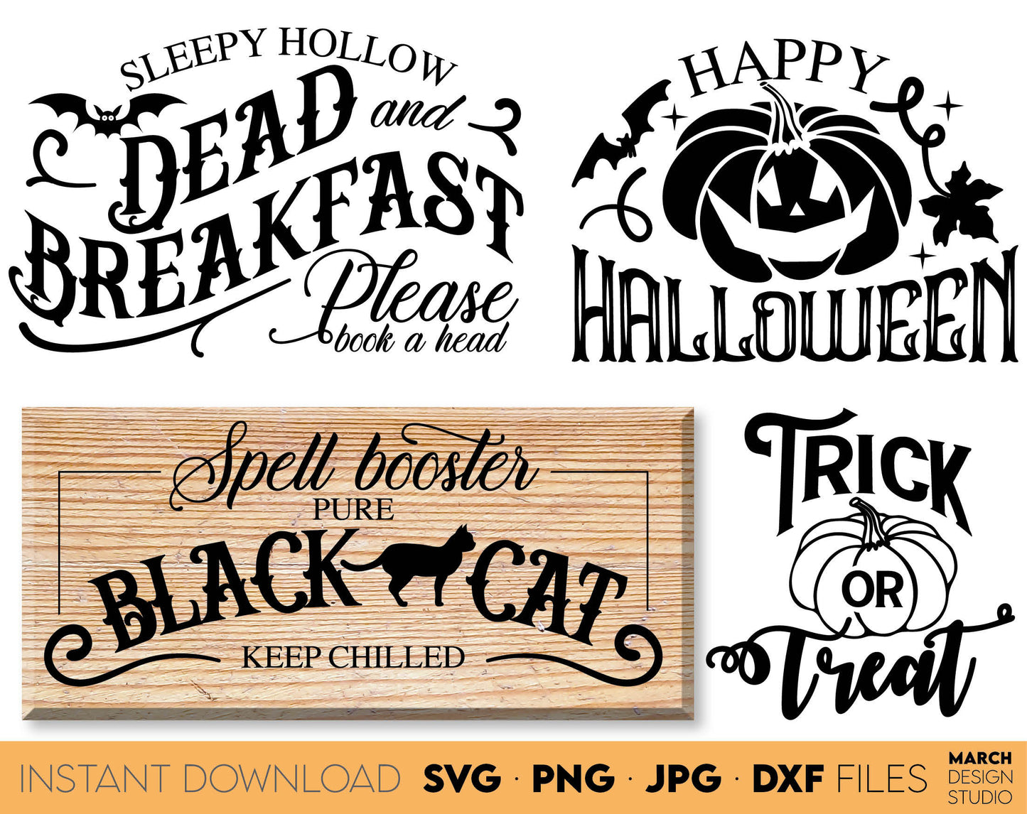 Vintage Halloween Signs SVG Bundle design for your Halloween projects. The SVG, PNG, DXF, EPS or JPG file format allows this design to be used for shirts, mugs, wall decorations or front porch door decorations. Files also designed for laser cutting.