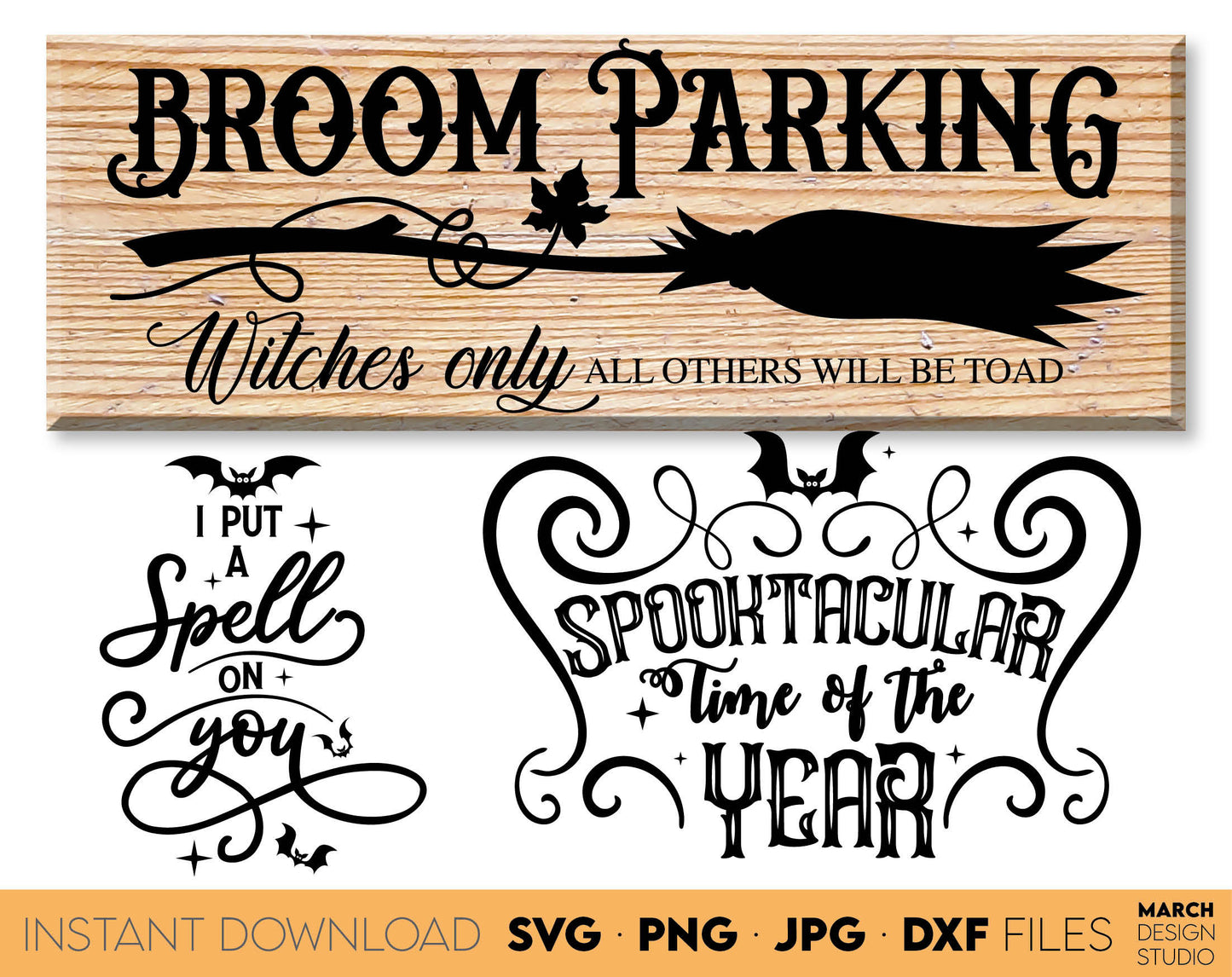 Vintage Halloween Signs SVG Bundle design for your Halloween projects. The SVG, PNG, DXF, EPS or JPG file format allows this design to be used for shirts, mugs, wall decorations or front porch door decorations. Files also designed for laser cutting.