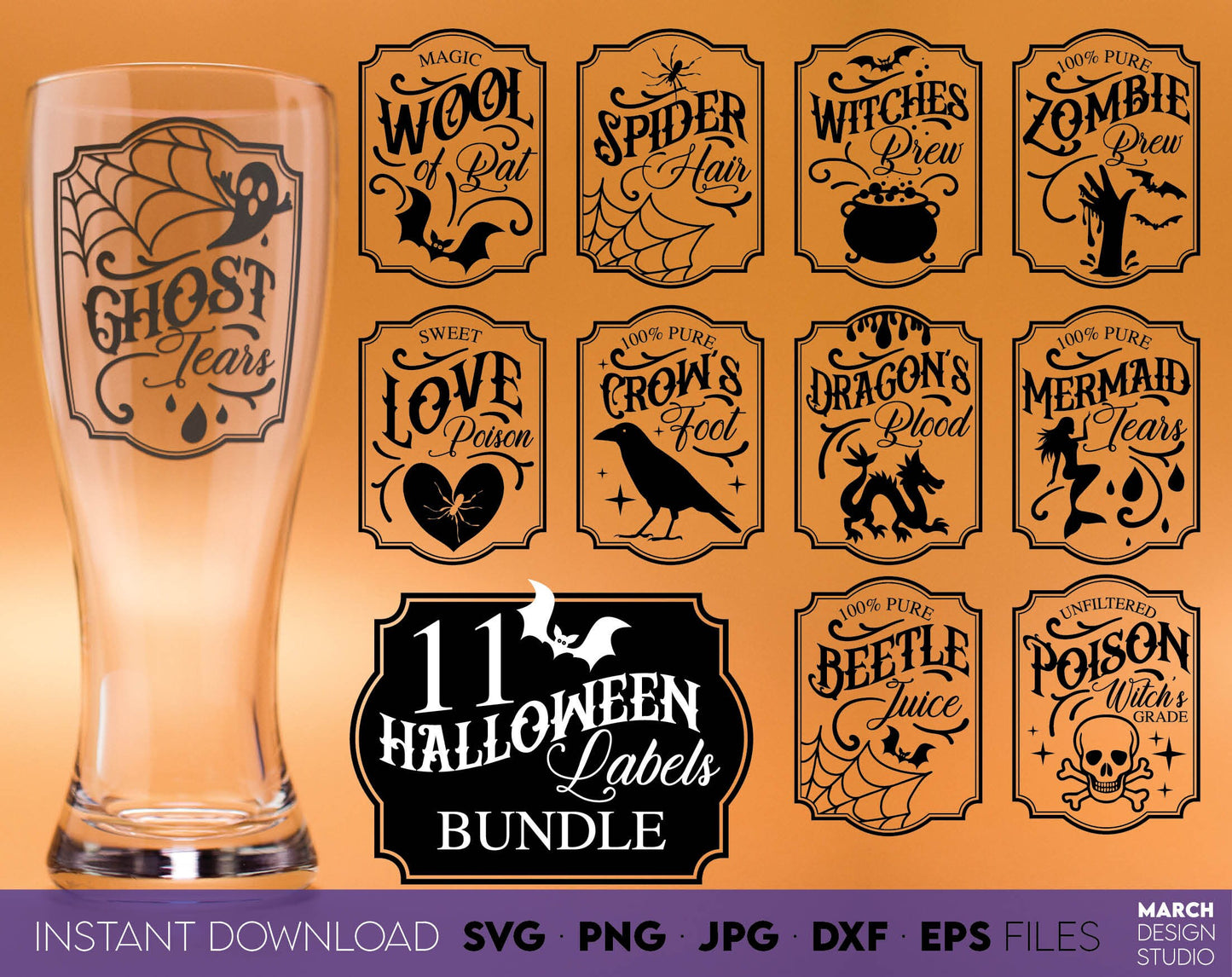 Halloween Labels SVG Bundle design for your Halloween projects. The SVG, PNG, DXF, EPS or JPG file format allows this design to be used for shirts, mugs, wall decorations or front porch door decorations. Files also designed for laser cutting.