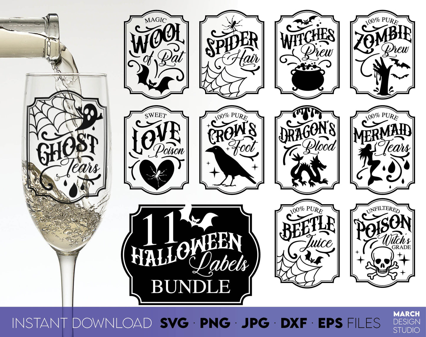 Halloween Labels SVG Bundle design for your Halloween projects. The SVG, PNG, DXF, EPS or JPG file format allows this design to be used for shirts, mugs, wall decorations or front porch door decorations. Files also designed for laser cutting.