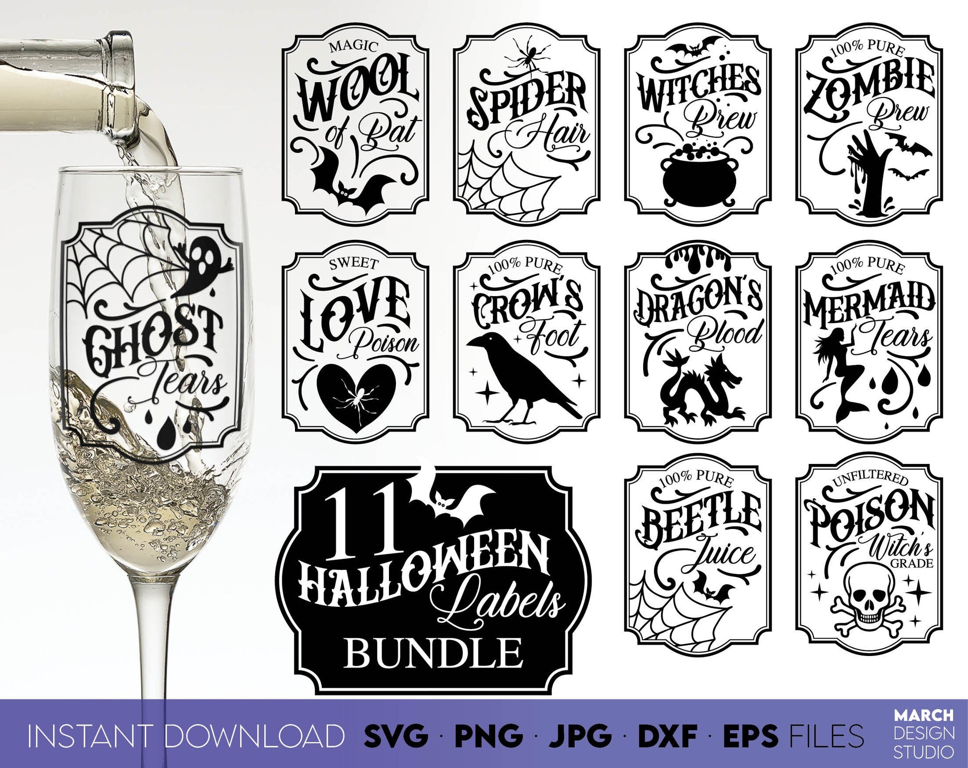 Halloween Labels SVG Bundle design for your Halloween projects. The SVG, PNG, DXF, EPS or JPG file format allows this design to be used for shirts, mugs, wall decorations or front porch door decorations. Files also designed for laser cutting.