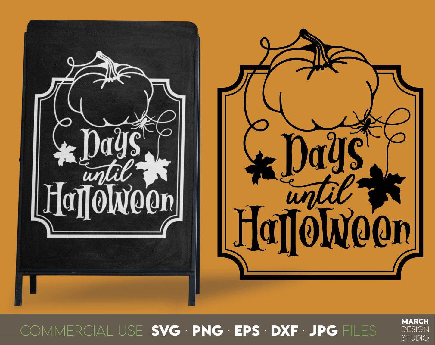 Days until Halloween design for your Halloween evening project. The SVG, PNG, DXF, EPS, JPG file format allows this design to be used for wall decorations or front porch door decorations. Use With Cricut, Silhouette or Glowforge machines. Buy now!