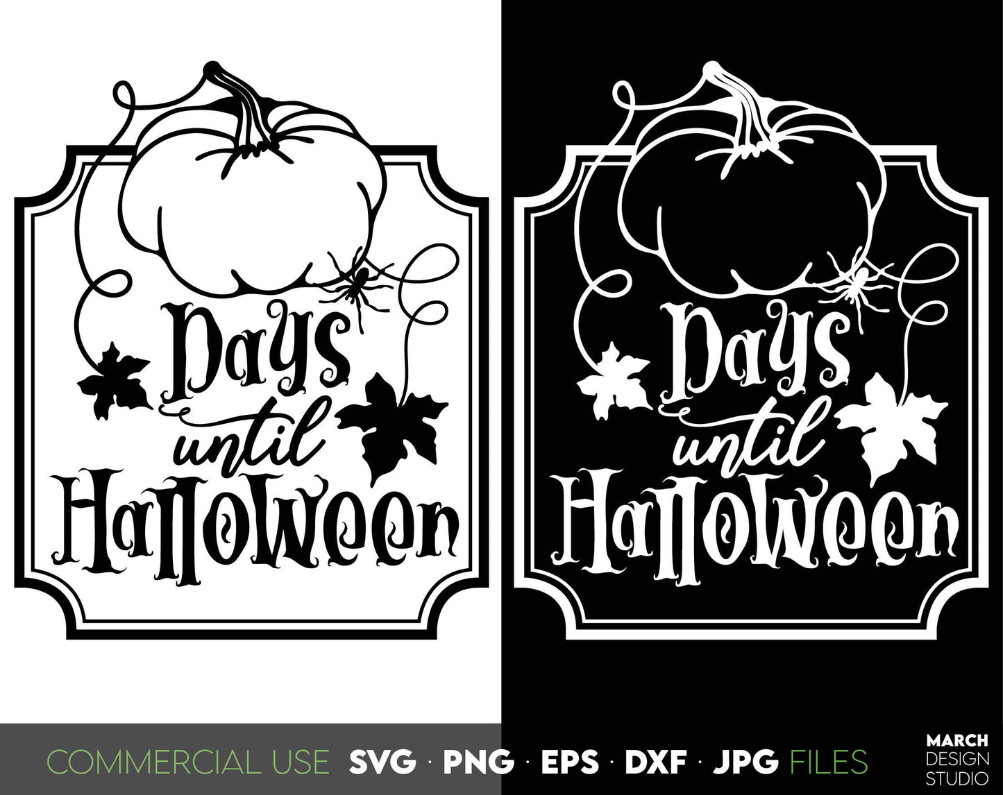 Days until Halloween design for your Halloween evening project. The SVG, PNG, DXF, EPS, JPG file format allows this design to be used for wall decorations or front porch door decorations. Use With Cricut, Silhouette or Glowforge machines. Buy now!