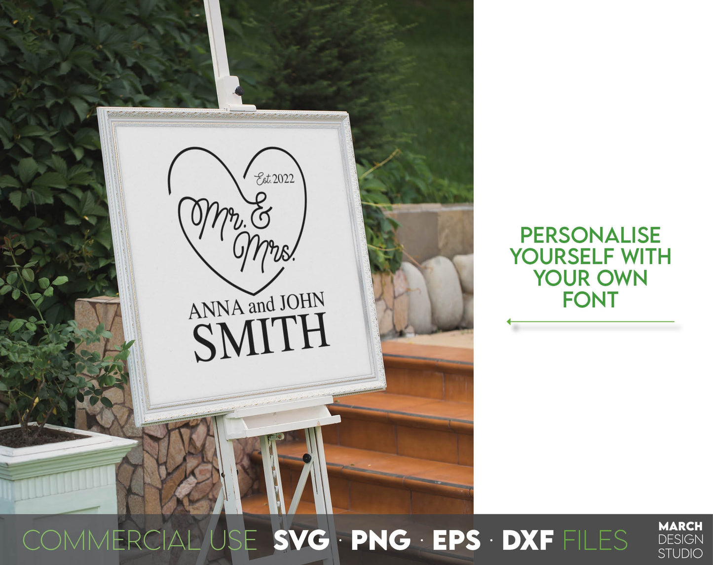 Mr. and Mrs. Sign for Your Wedding decoration or use as gift. SVG, DXF, EPS, PNG file formats allow use this design with vinyl, sublimation or laser cut files. Compatible with Cricut, Silhouette or other equipment! Buy now for a good price and enjoy!