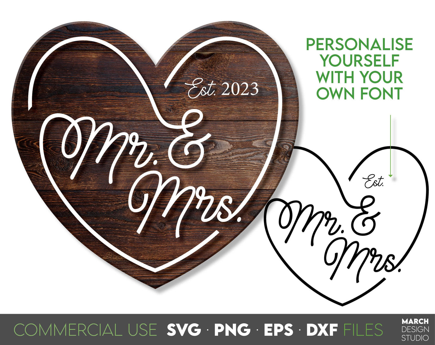 Mr. and Mrs. Sign for Your Wedding decoration or use as gift. SVG, DXF, EPS, PNG file formats allow use this design with vinyl, sublimation or laser cut files. Compatible with Cricut, Silhouette or other equipment! Buy now for a good price and enjoy!