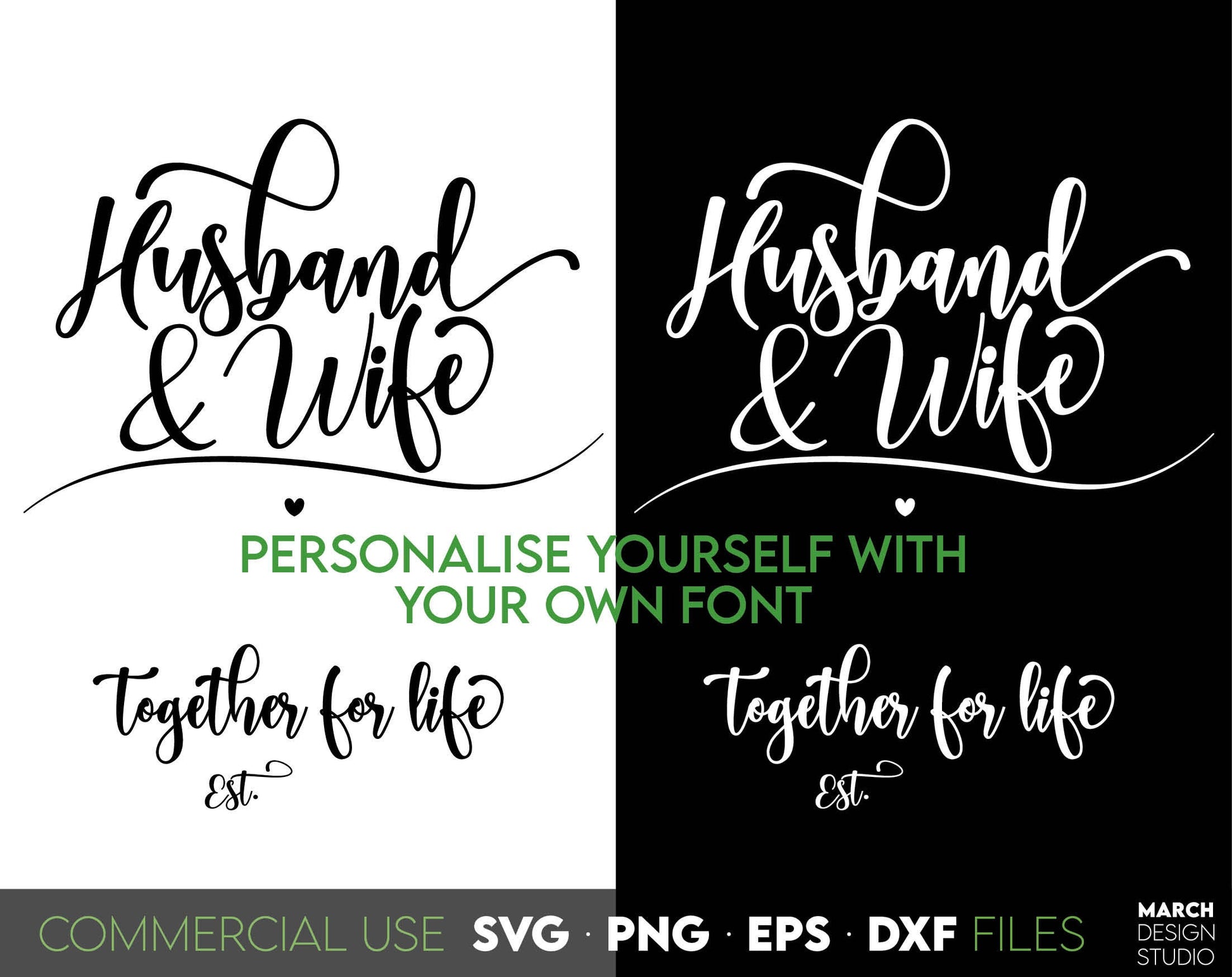 Husband and Wife Together for life home decor for Your Wedding decoration or use as gift. SVG, DXF, EPS, PNG file formats allow use this design with vinyl, sublimation or laser cut files.Compatible with Cricut, Silhouette machines. Buy now and enjoy!