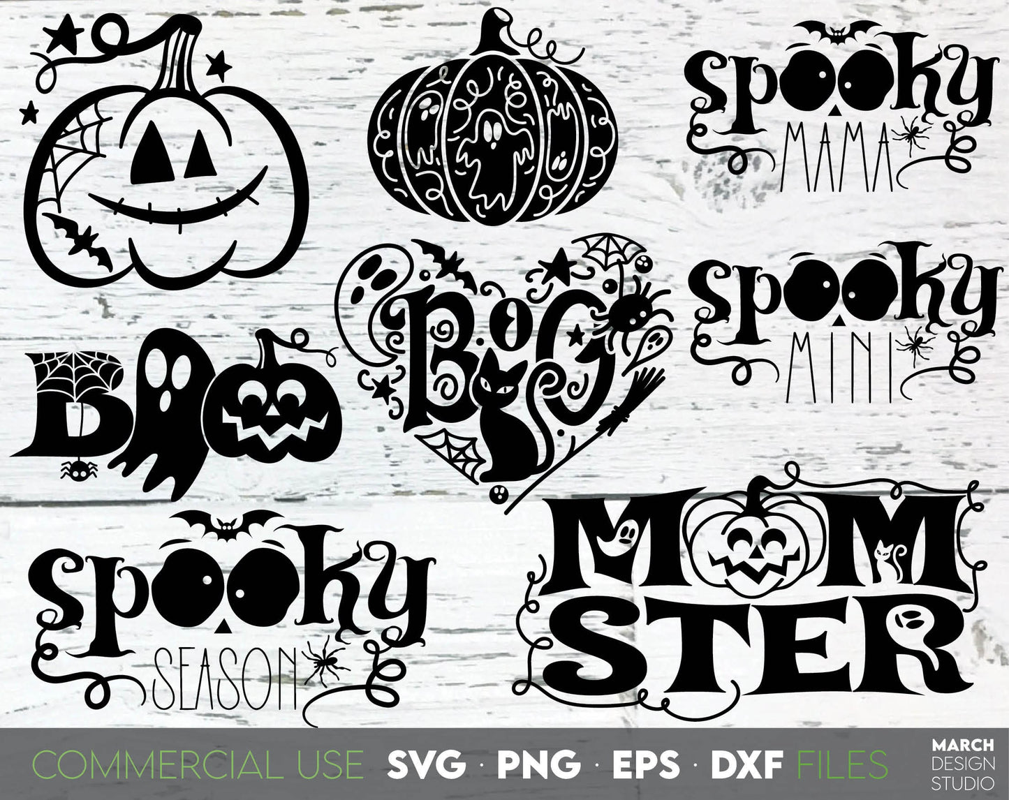 Halloween SVG Bundle with Spooky Season, Momster, Pumpkin, Boo, Witch etc. on it. Use it with vinyl cut machines, as sublimation design or use as laser cut files. Compatible with Cricut, Silhouette or other equipment. Buy now for a good price, enjoy!