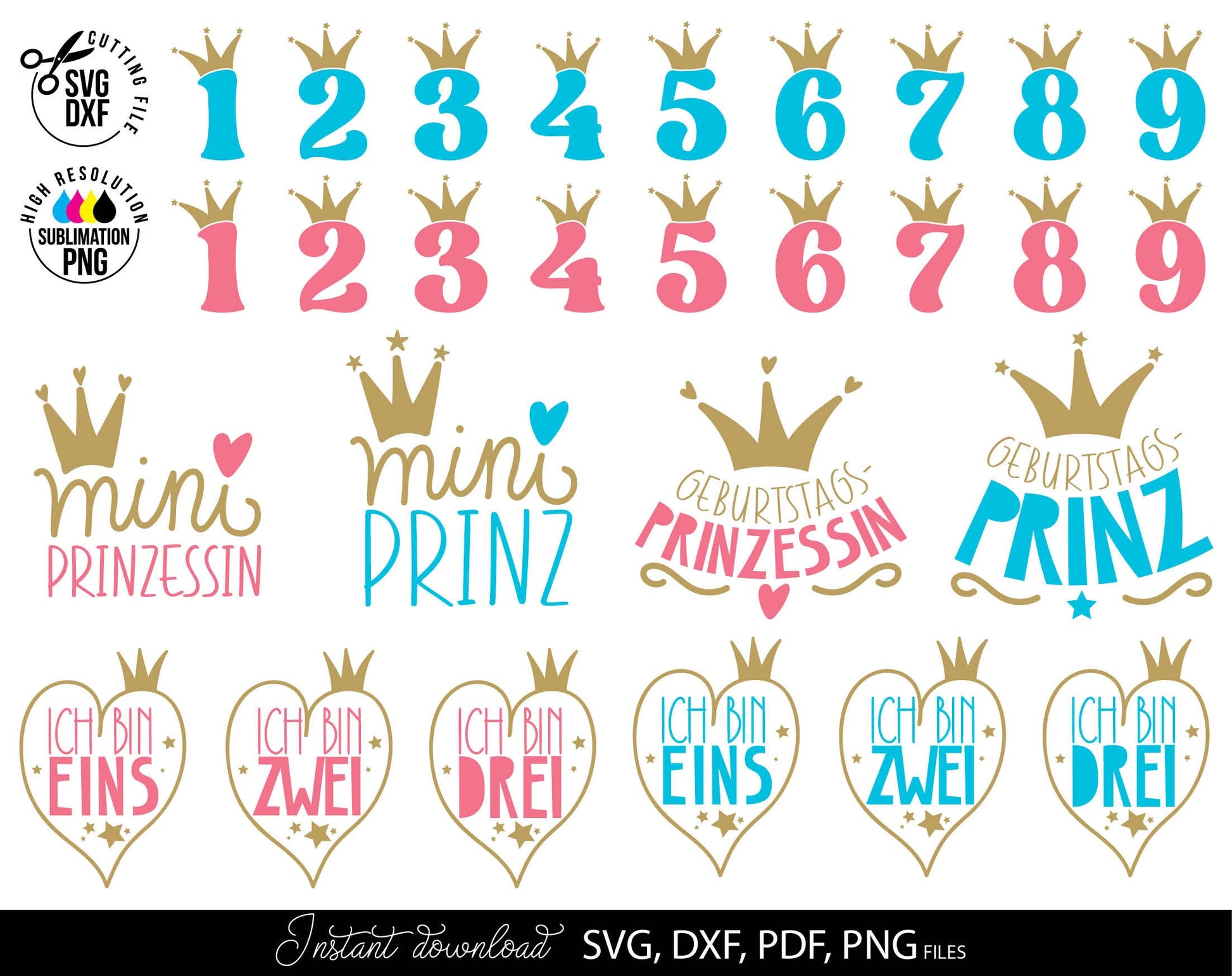 German Kind Geburtstag Plotter files bundle. SVG DXF PDF PNG files included. Compatible with Cricut, Silhouette or other equipment. Cut from vinyl, use for sublimation and laser cut or grave projects as well. Buy now for a good price and enjoy!