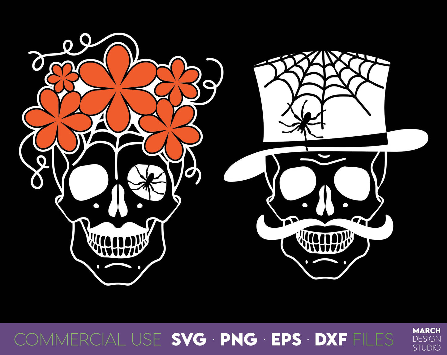 Floral skull and skull with hat for Your Halloween decoration projects. SVG PNG EPS DXF files included. Compatible with Cricut, Silhouette, Glowforge, any sublimation printer and other machines. Cut from vinyl, use for sublimation or laser rojects.