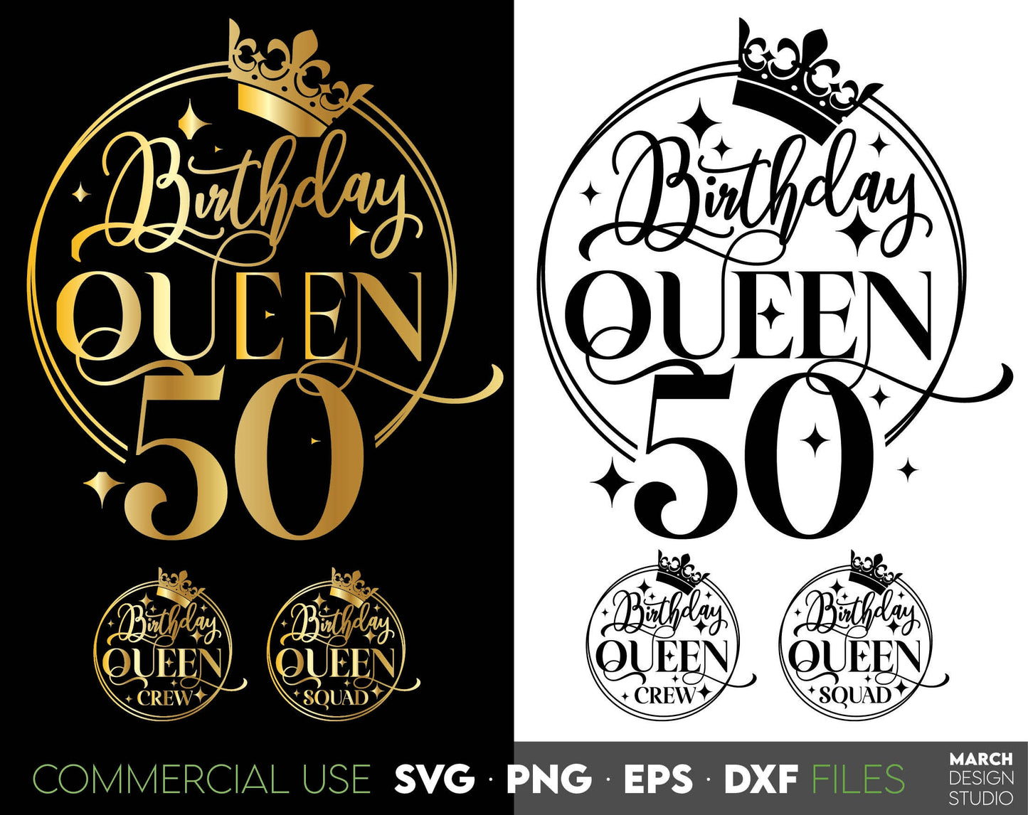 Birthday Queen Birthday shirt bundle. Gold colored for Birthday shirts or other ornaments. SVG PNG EPS DXF files included. Compatible with Cricut, Silhouette or other machines. Cut from vinyl, use for sublimation or laser cut or grave projects.