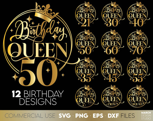 Birthday Queen Birthday shirt bundle. Gold colored for Birthday shirts or other ornaments. SVG PNG EPS DXF files included. Compatible with Cricut, Silhouette or other machines. Cut from vinyl, use for sublimation or laser cut or grave projects.