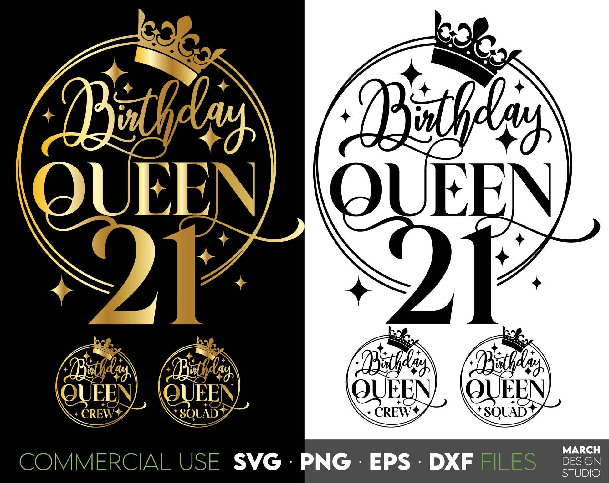 Birthday Queen Birthday shirt bundle. Gold colored for Birthday shirts or other ornaments. SVG PNG EPS DXF files included. Compatible with Cricut, Silhouette or other machines. Cut from vinyl, use for sublimation or laser cut or grave projects.