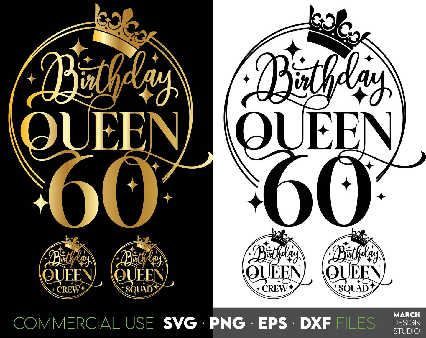 Birthday Queen Birthday shirt bundle. Gold colored for Birthday shirts or other ornaments. SVG PNG EPS DXF files included. Compatible with Cricut, Silhouette or other machines. Cut from vinyl, use for sublimation or laser cut or grave projects.