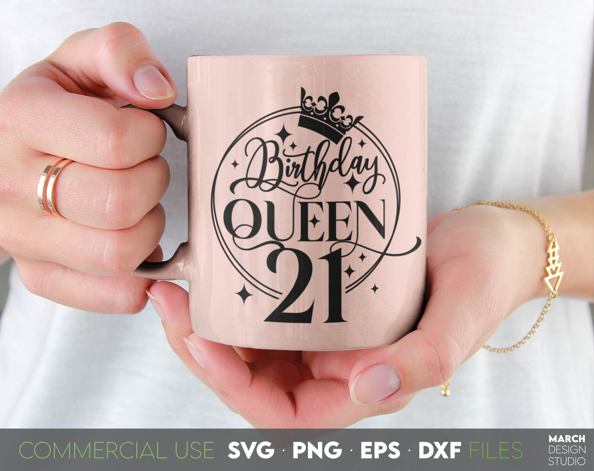 21st Birthday Queen design for Your loved ones Birthday Gift. SVG PNG EPS DXF files included. Compatible with Cricut, Silhouette or other equipment. Cut from vinyl use for sublimation projects. projects. Golden design is royal and beautiful.