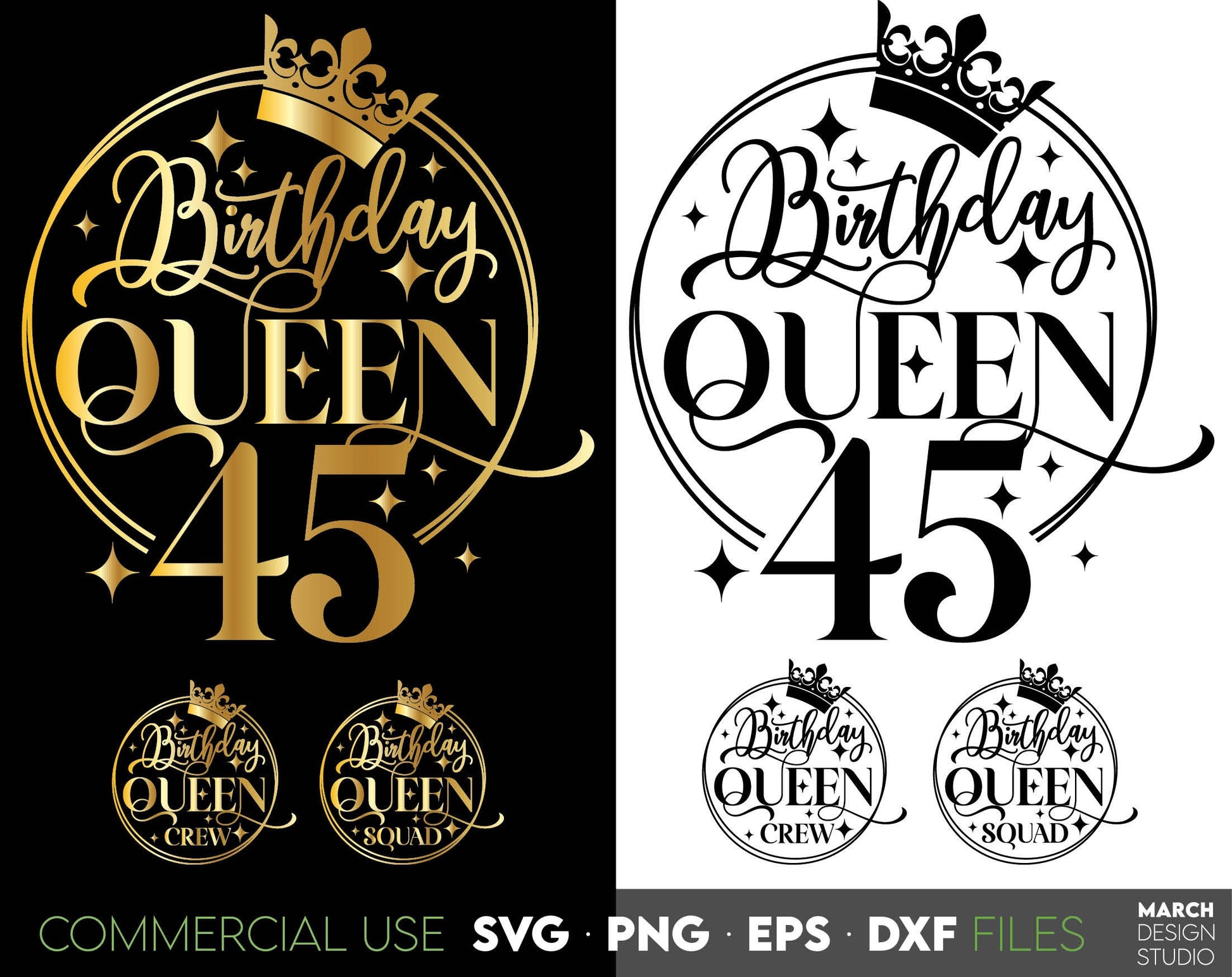 45th Birthday Queen design for Your loved ones Birthday Gift. SVG PNG EPS DXF files included. Compatible with Cricut, Silhouette or other machine. Cut from vinyl, use for sublimation or laser cut projects. Enjoy! Golden design is royal and beautiful.