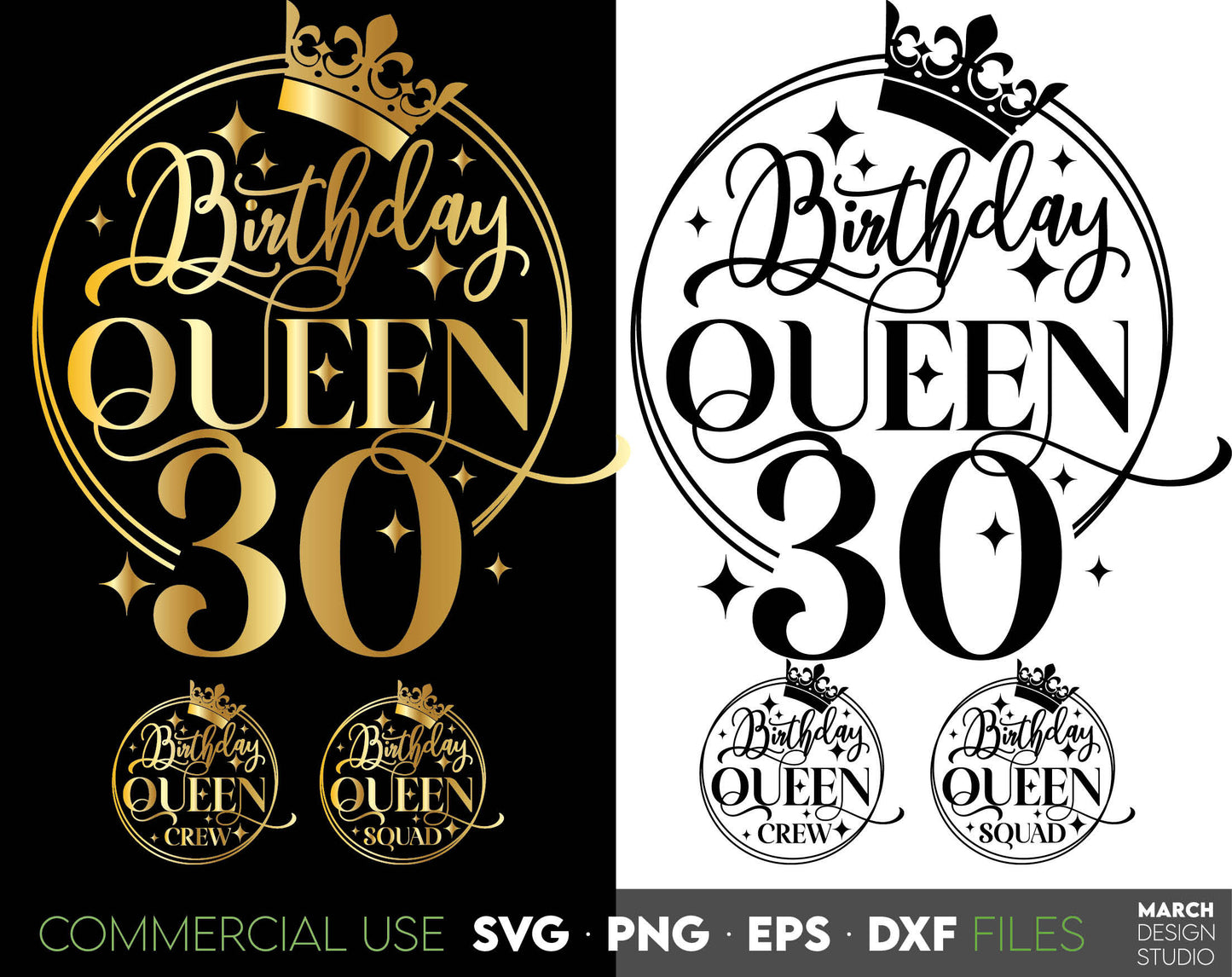 30th Birthday Queen design for Your loved ones Birthday Gift. SVG, PNG, EPS, DXF files included. Compatible with Cricut, Silhouette or other equipment. Cut from vinyl or use for sublimation projects. Golden design is royal and beautiful. Buy now!