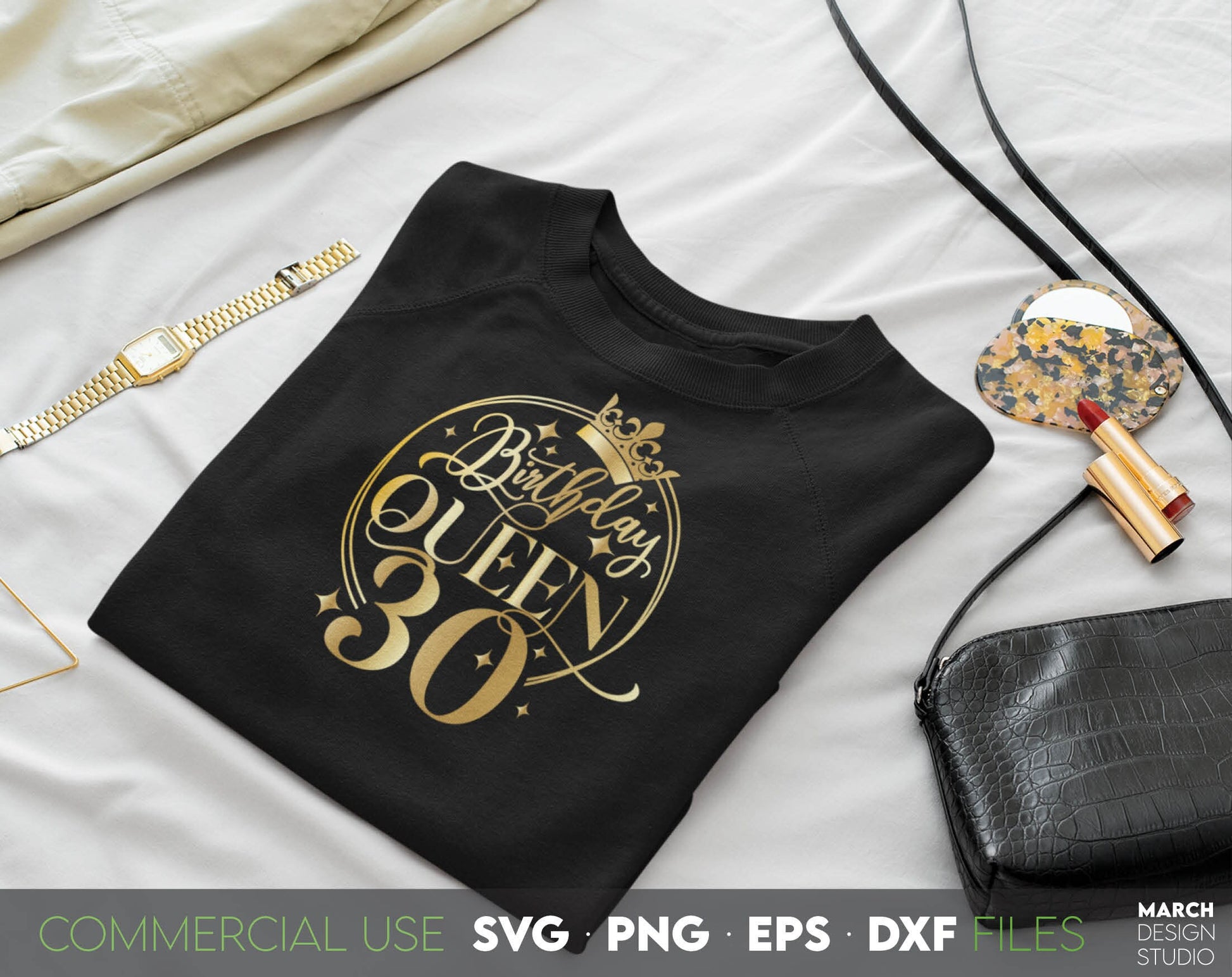 30th Birthday Queen design for Your loved ones Birthday Gift. SVG, PNG, EPS, DXF files included. Compatible with Cricut, Silhouette or other equipment. Cut from vinyl or use for sublimation projects. Golden design is royal and beautiful. Buy now!