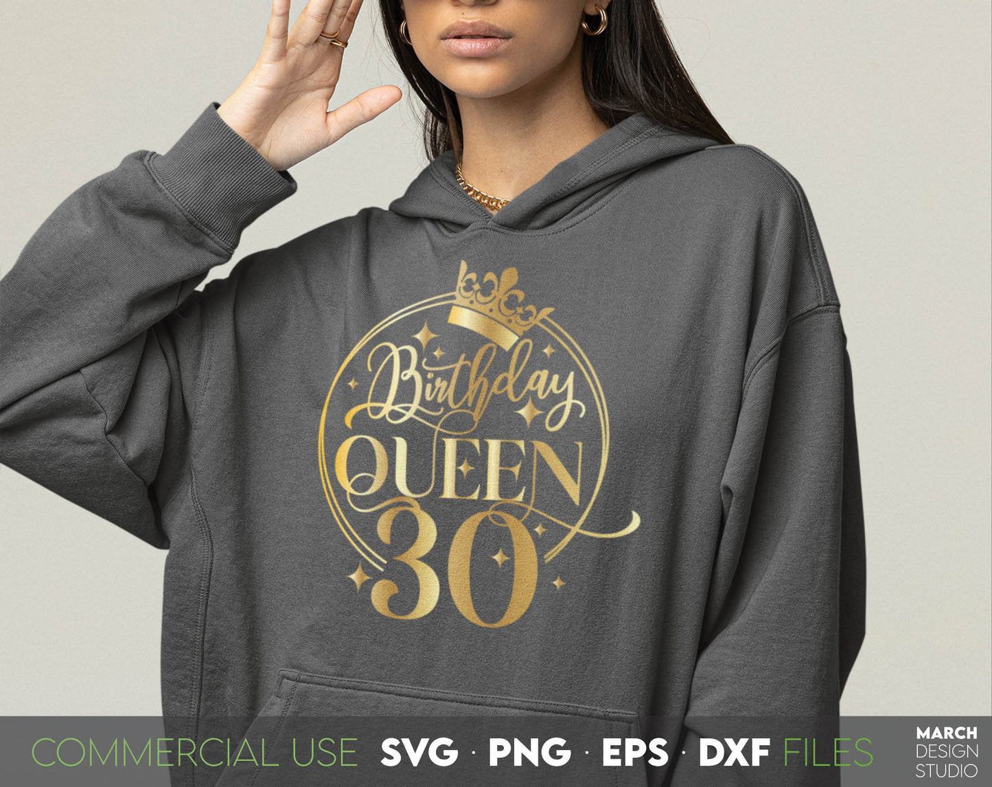 30th Birthday Queen design for Your loved ones Birthday Gift. SVG, PNG, EPS, DXF files included. Compatible with Cricut, Silhouette or other equipment. Cut from vinyl or use for sublimation projects. Golden design is royal and beautiful. Buy now!