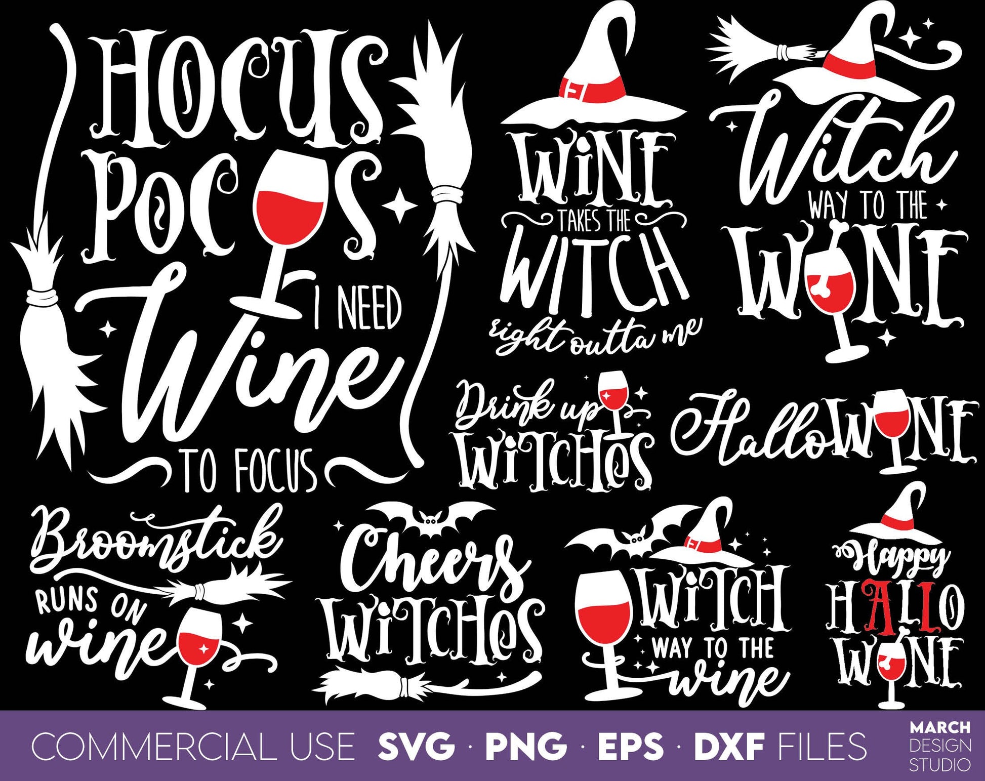 Witchy Vibes Wine Bundle With Funny Halloween Saying Designs Included. SVG, PNG, EPS, DXF files included. Use for cutting from vinyl, sublimation projects. Compatible with Circut, Silhouette or other machines. Buy now for a good price and enjoy!