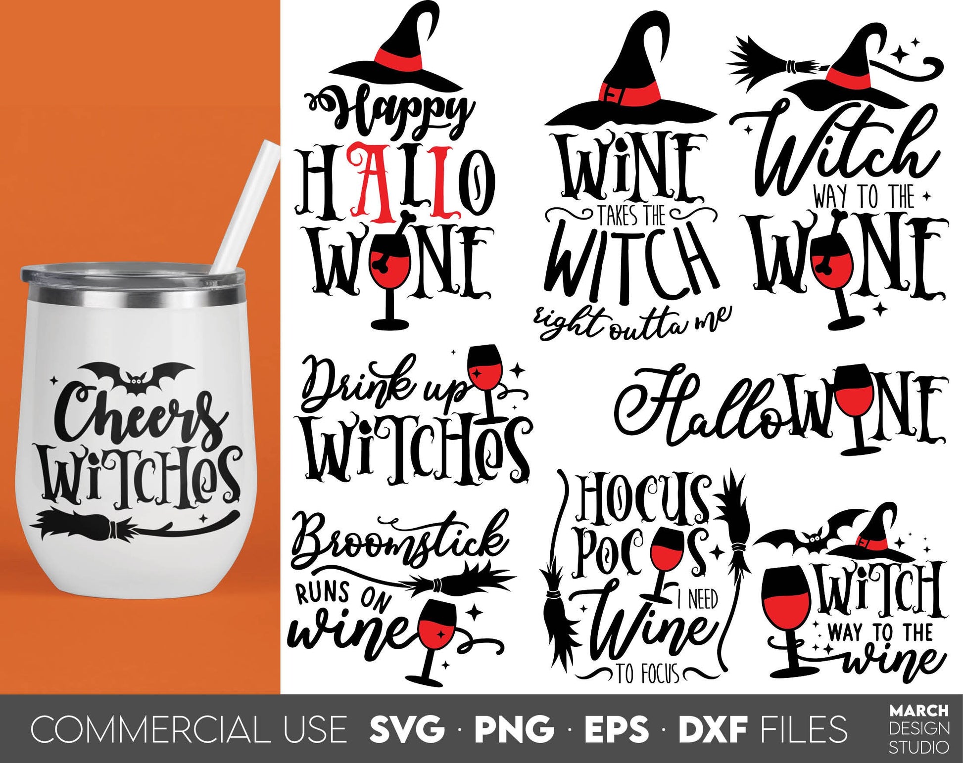 Witchy Vibes Wine Bundle With Funny Halloween Saying Designs Included. SVG, PNG, EPS, DXF files included. Use for cutting from vinyl, sublimation projects. Compatible with Circut, Silhouette or other machines. Buy now for a good price and enjoy!