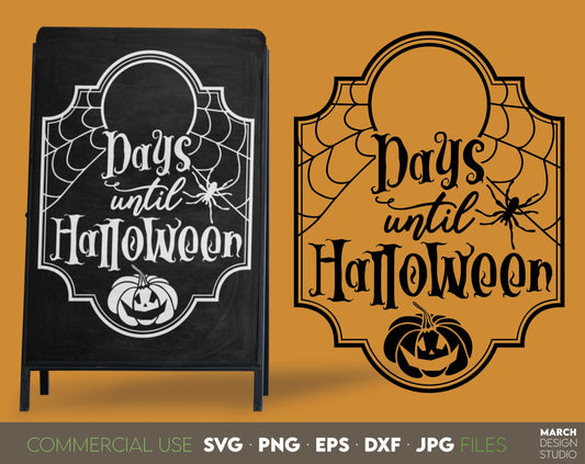 Days until Halloween SVG design for your Halloween evening project. The SVG, PNG, DXF, EPS or JPG file format allows this design to be used for wall decorations or front porch door decorations. Use With Cricut, Silhouette or Glowforge machines.