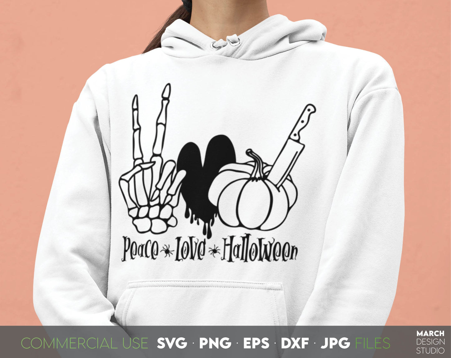 Peace Love Halloween design for your Halloween evening projects. The SVG, PNG, DXF, EPS, JPG file format allows this design to be used for shirts, mugs, wall decorations or front porch door decorations. Compatible with cutting or laser cut machines.