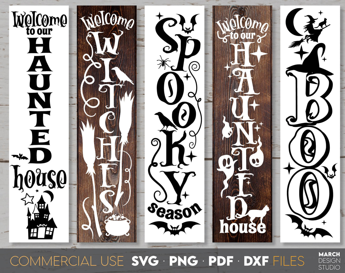 Halloween fall porch signs bundle. SVG, PNG, PDF, DXF files included. Cut from vinyl, use for sublimation or laser cut / grave projects. Compatible with Cricut, Silhouette or other machines. Buy now for a good price and enjoy!