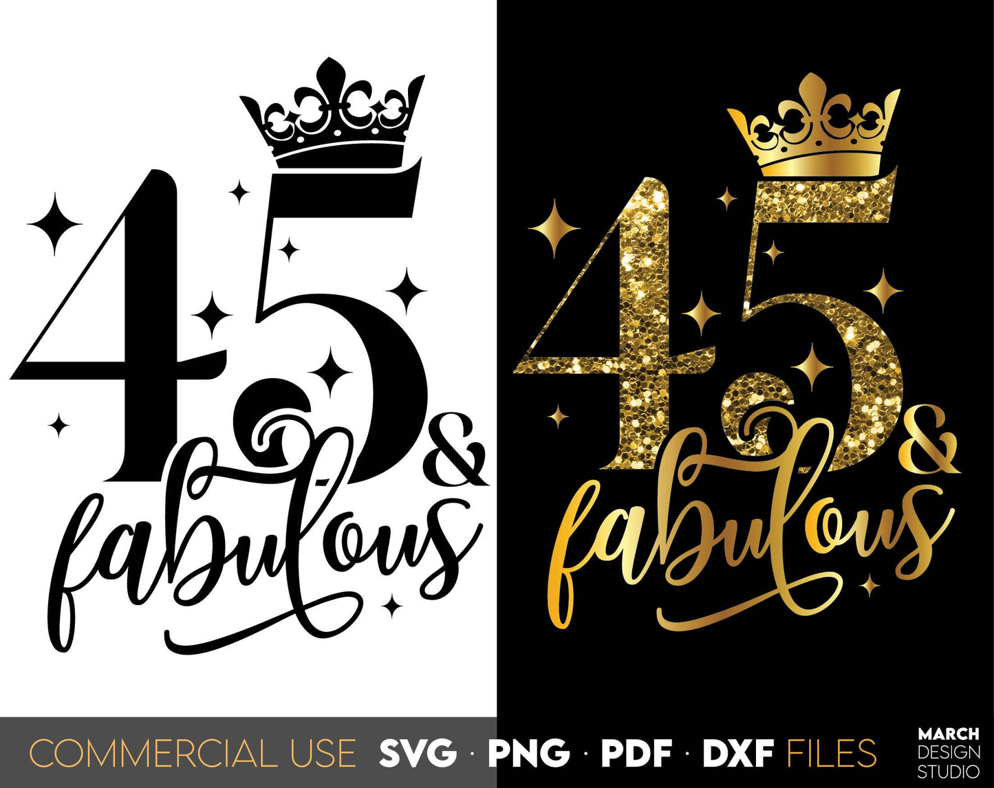 Beautiful 45 and fabulous glittered design. 45th birthday SVG for woman. SVG PNG PDF DXF files included. Compatible with Cricut, Silhouette or other equipment. Cut from vinyl, use for sublimation or laser cut / grave projects. Buy now and enjoy!