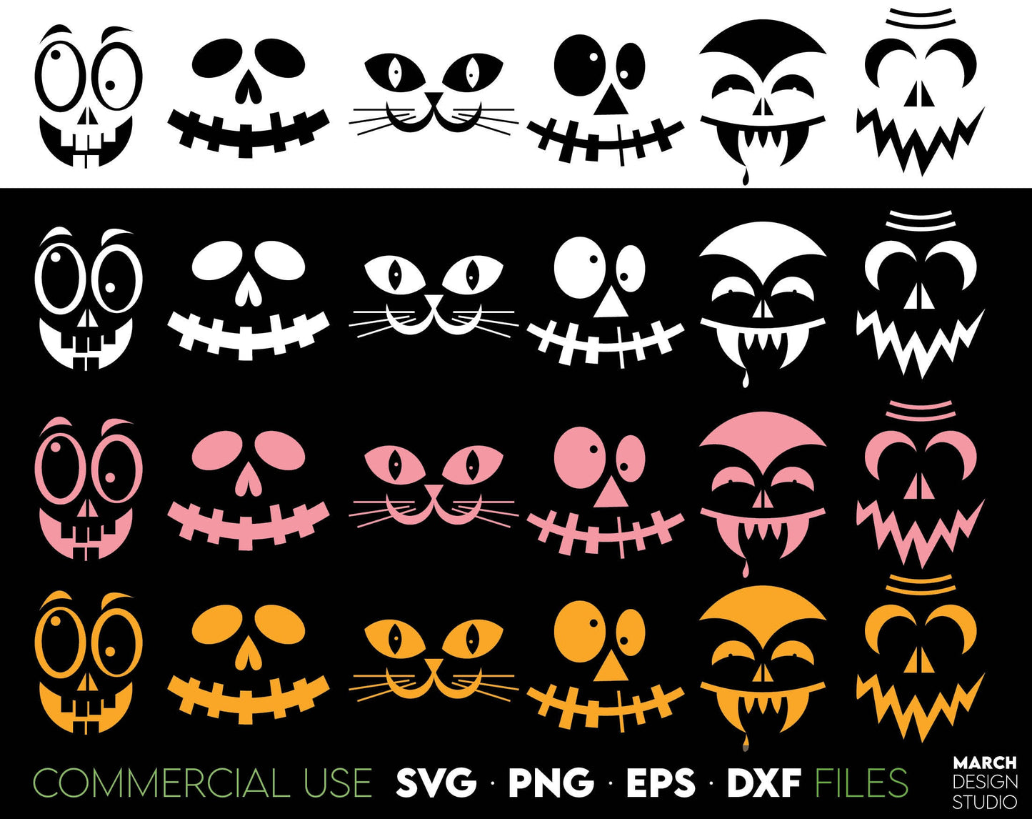 Jack O Lantern faces bundle for Your Halloween decoration projects. SVG, PNG, EPS, DXF files included. Cut from vinyl, use for sublimation or laser cut / grave projects. Compatible with Cricut, Silhouette or other machines. Buy now for a good price!