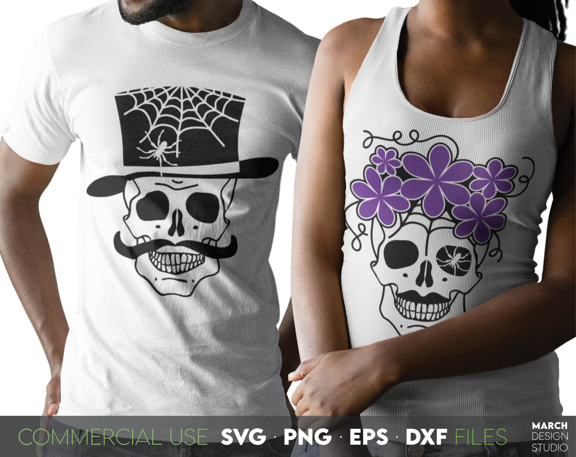 Floral skull and skull with hat for Your Halloween decoration projects. SVG PNG EPS DXF files included. Compatible with Cricut, Silhouette, Glowforge, any sublimation printer and other machines. Cut from vinyl, use for sublimation or laser rojects.