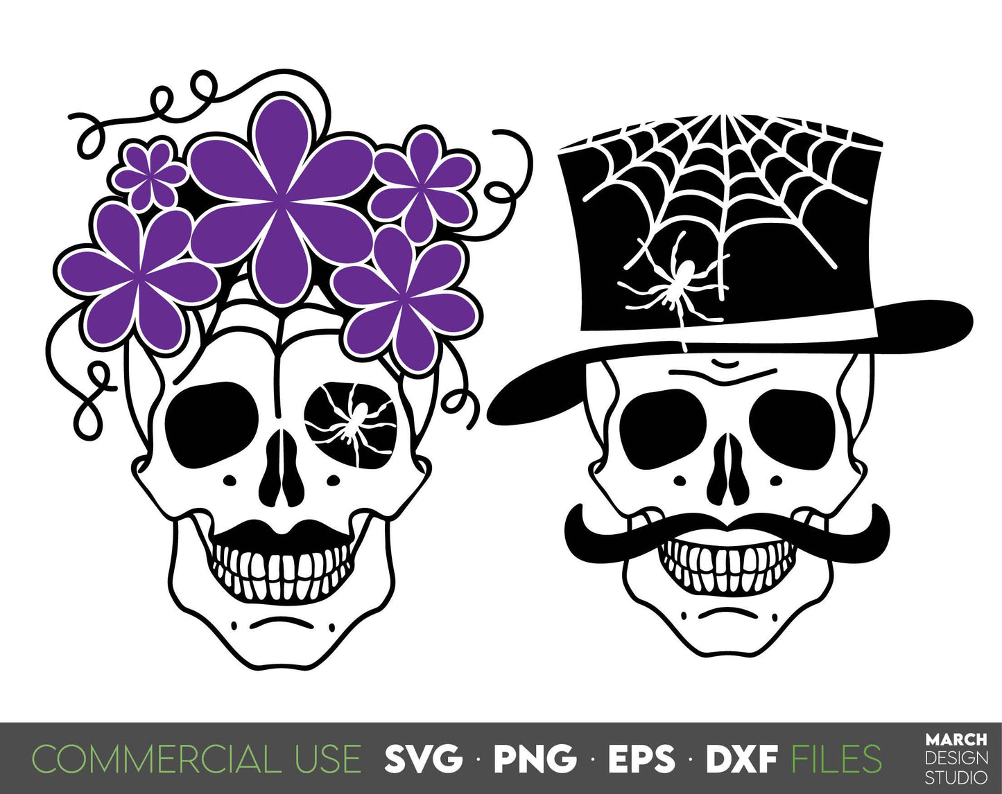 Floral skull and skull with hat for Your Halloween decoration projects. SVG PNG EPS DXF files included. Compatible with Cricut, Silhouette, Glowforge, any sublimation printer and other machines. Cut from vinyl, use for sublimation or laser rojects.