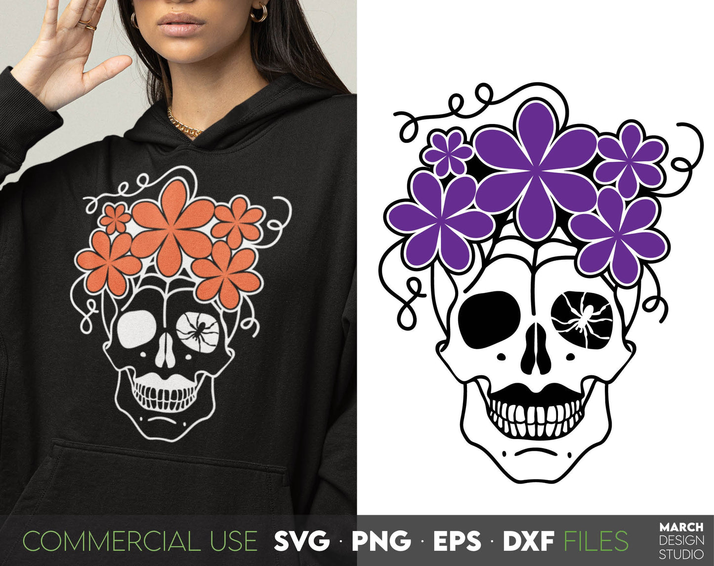 Floral skull and skull with hat for Your Halloween decoration projects. SVG PNG EPS DXF files included. Compatible with Cricut, Silhouette, Glowforge, any sublimation printer and other machines. Cut from vinyl, use for sublimation or laser rojects.