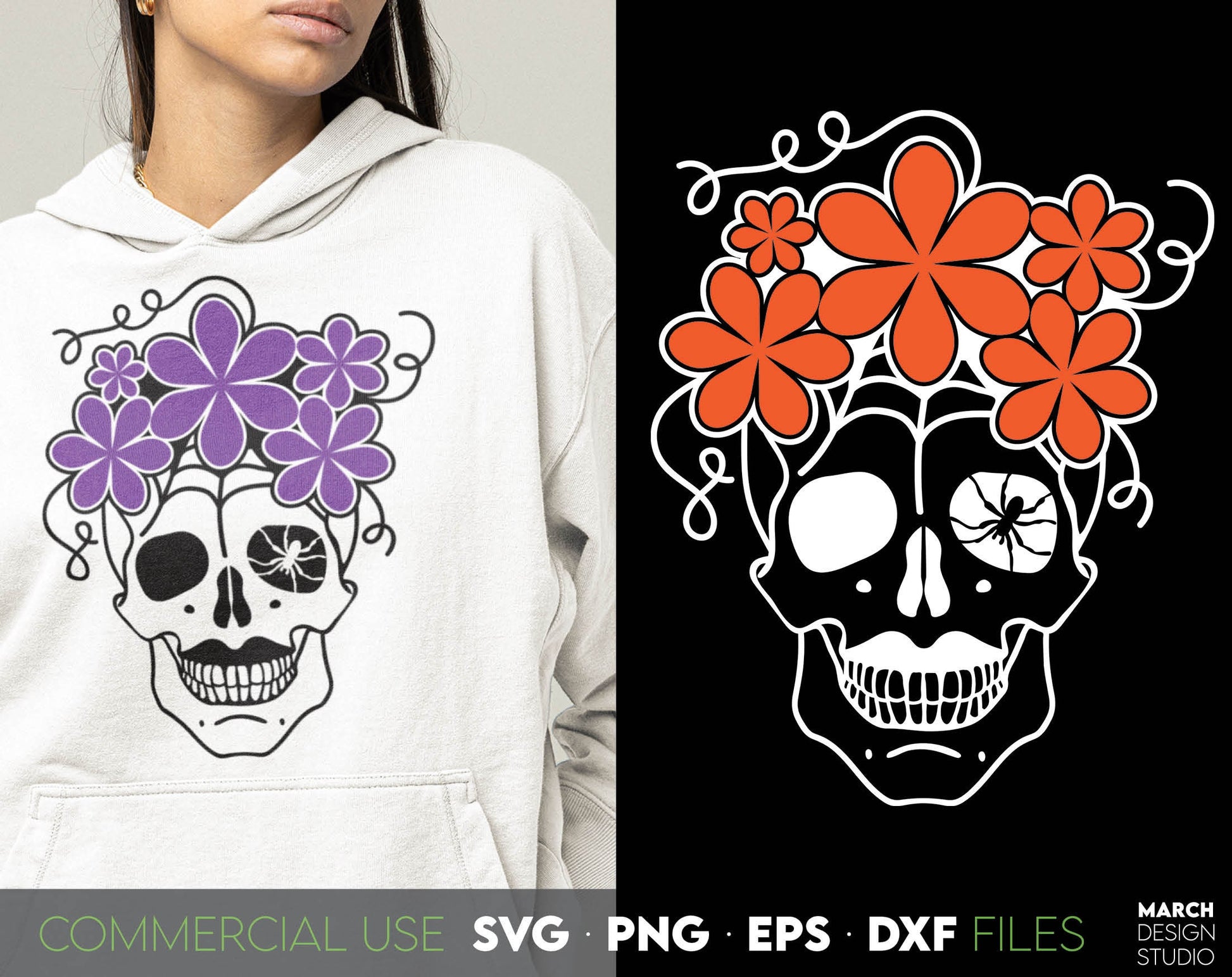 Floral skull and skull with hat for Your Halloween decoration projects. SVG PNG EPS DXF files included. Compatible with Cricut, Silhouette, Glowforge, any sublimation printer and other machines. Cut from vinyl, use for sublimation or laser rojects.