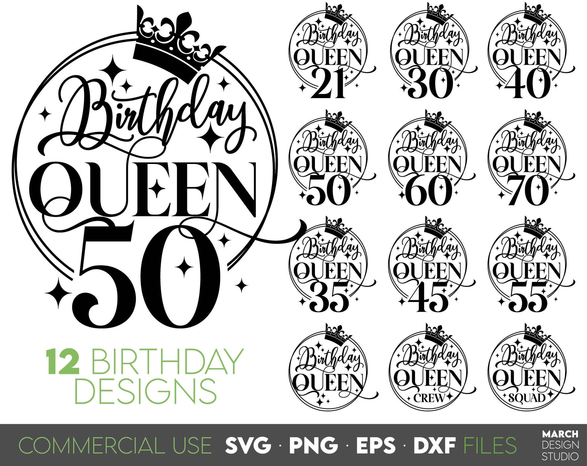 Birthday Queen Birthday shirt bundle. Gold colored for Birthday shirts or other ornaments. SVG PNG EPS DXF files included. Compatible with Cricut, Silhouette or other machines. Cut from vinyl, use for sublimation or laser cut or grave projects.