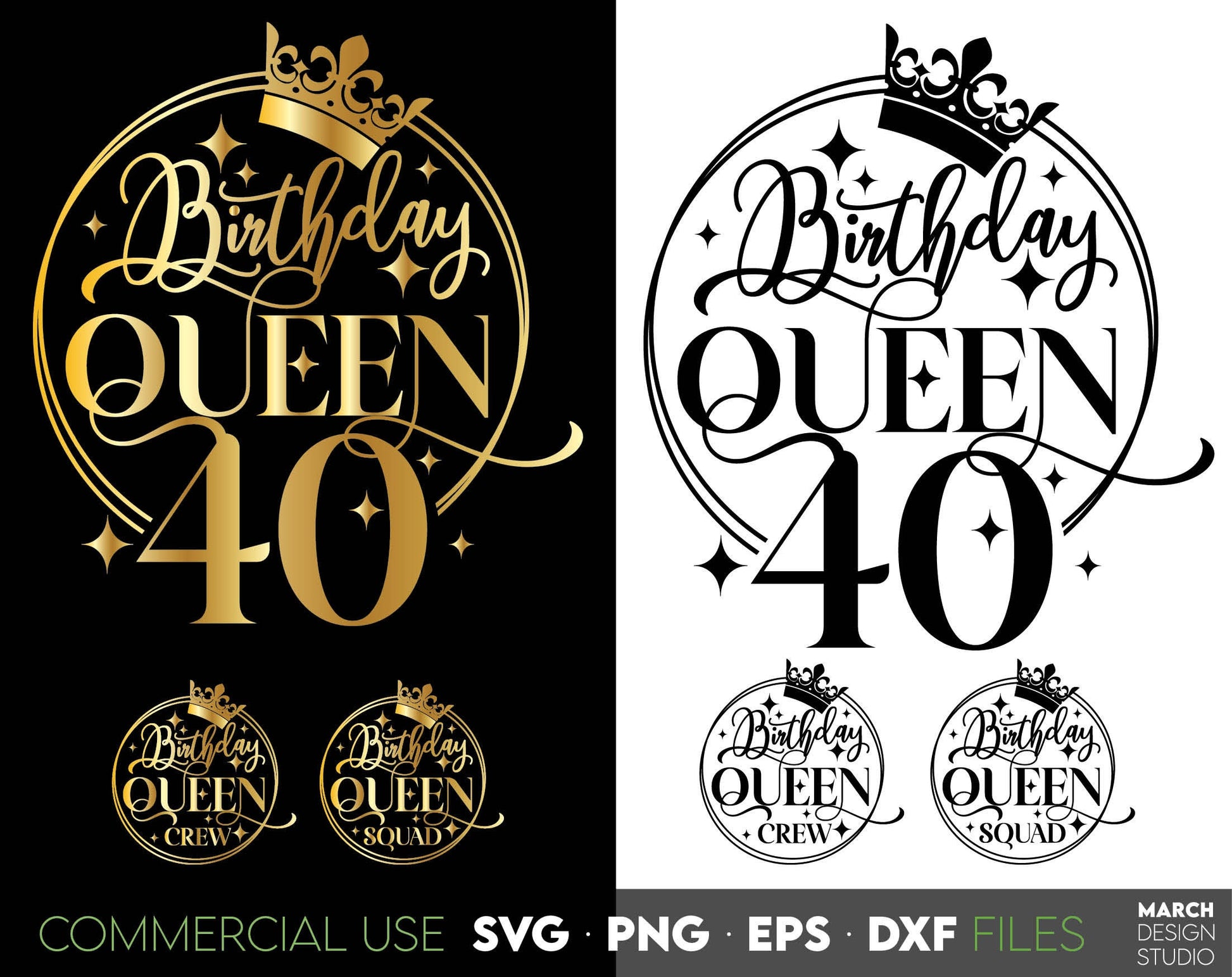 Birthday Queen Birthday shirt bundle. Gold colored for Birthday shirts or other ornaments. SVG PNG EPS DXF files included. Compatible with Cricut, Silhouette or other machines. Cut from vinyl, use for sublimation or laser cut or grave projects.