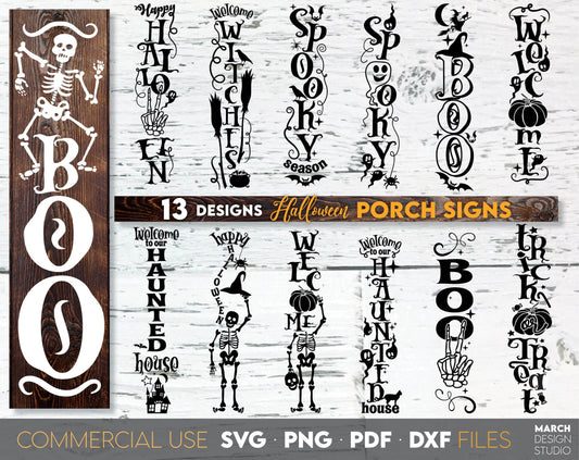 Halloween fall porch signs bundle. SVG, PNG, PDF, DXF files included. Cut from vinyl, use for sublimation or laser cut / grave projects. Compatible with Cricut, Silhouette or other machines. Buy now for a good price and enjoy!