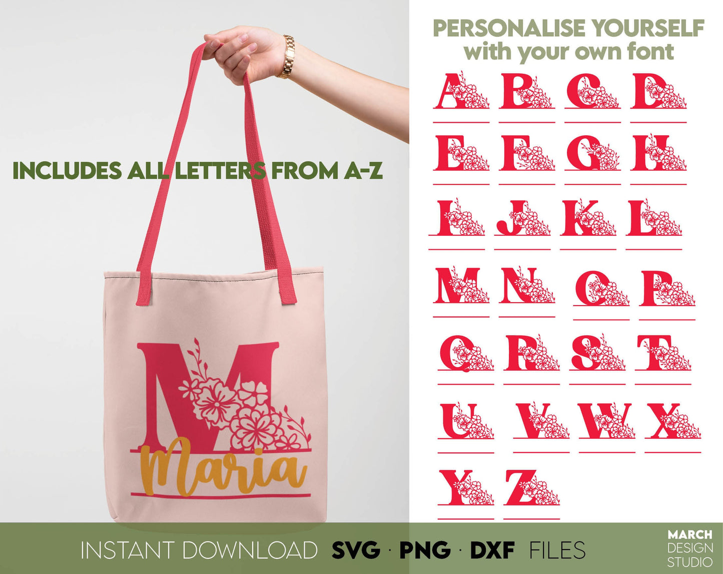 Split Monograms wrapped in flowers are useful for creating wedding gifts, family name monograms or as a personal birthday gift. Various file formats allow you to use this monogram with Cricut, Silhouette or Glowforge machines.