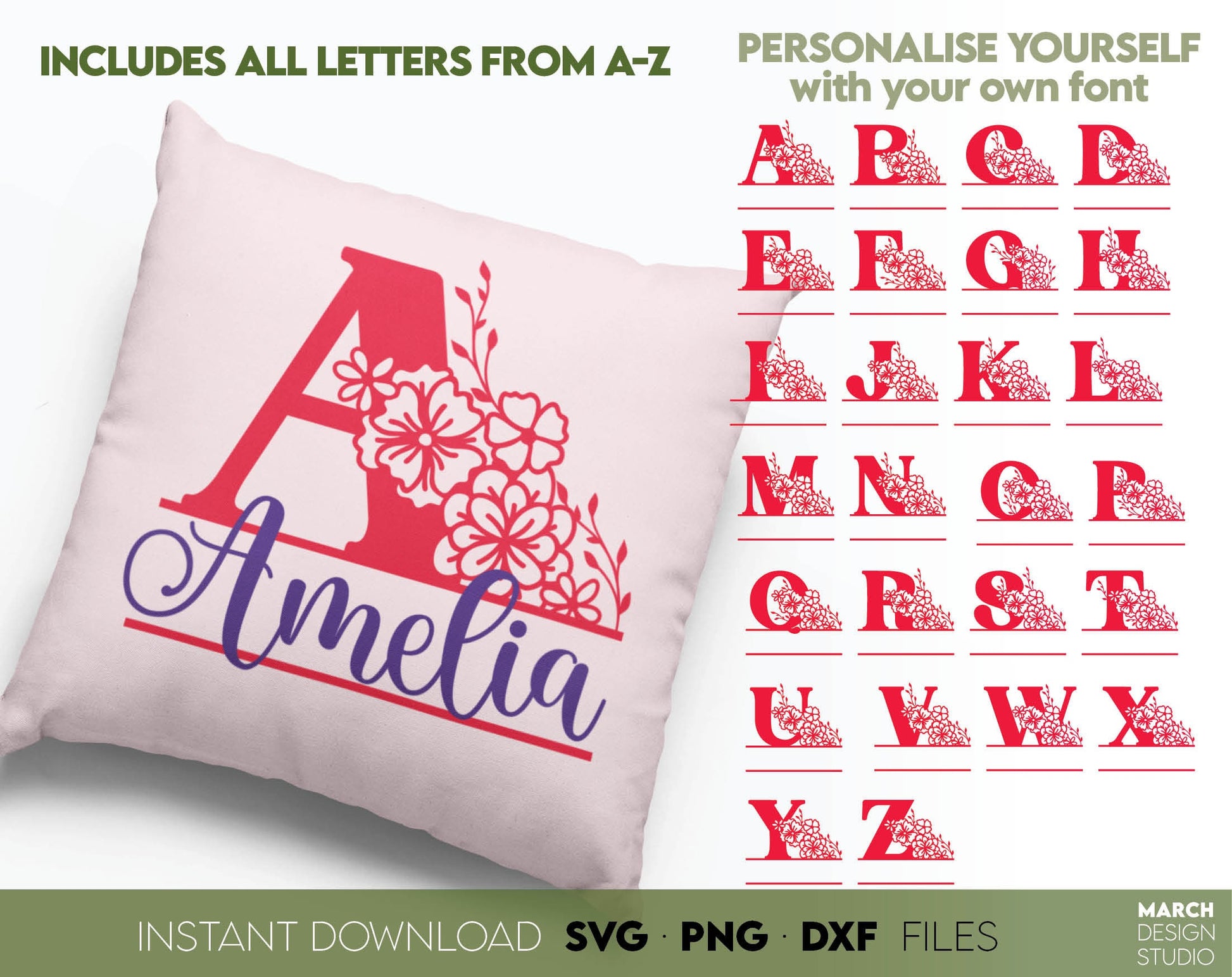 Split Monograms wrapped in flowers are useful for creating wedding gifts, family name monograms or as a personal birthday gift. Various file formats allow you to use this monogram with Cricut, Silhouette or Glowforge machines.