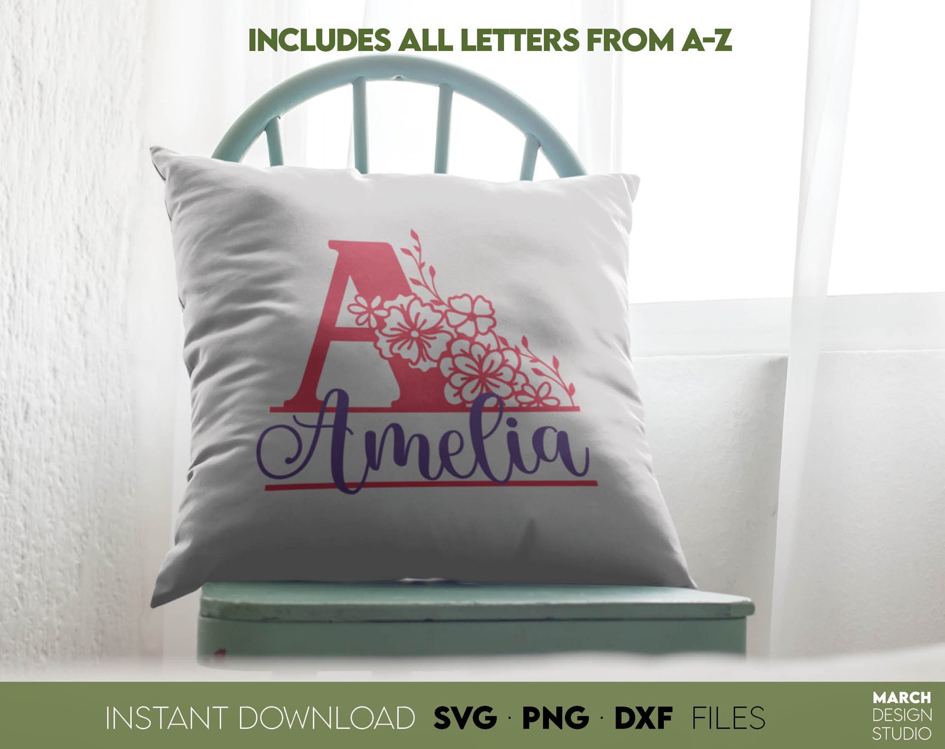 Split Monograms wrapped in flowers are useful for creating wedding gifts, family name monograms or as a personal birthday gift. Various file formats allow you to use this monogram with Cricut, Silhouette or Glowforge machines.