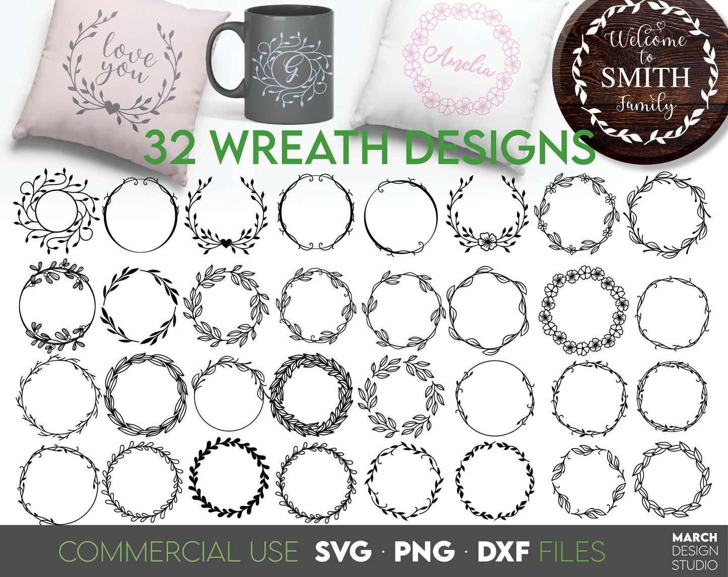 32 wreath designs for Your farmhouse Christmas ornaments. SVG, PNG, DXF files included. Cut from vinyl, use for sublimation or laser cut/ grave projects. Compatible with Cricut, Silhouette or other machines. Buy now for a good price and enjoy!