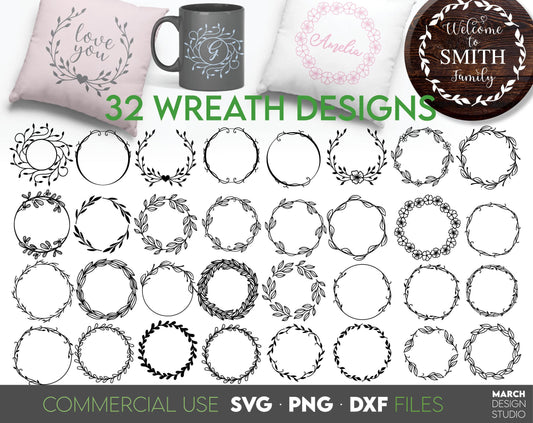 32 wreath designs for Your farmhouse Christmas ornaments. SVG, PNG, DXF files included. Cut from vinyl, use for sublimation or laser cut/ grave projects. Compatible with Cricut, Silhouette or other machines. Buy now for a good price and enjoy!