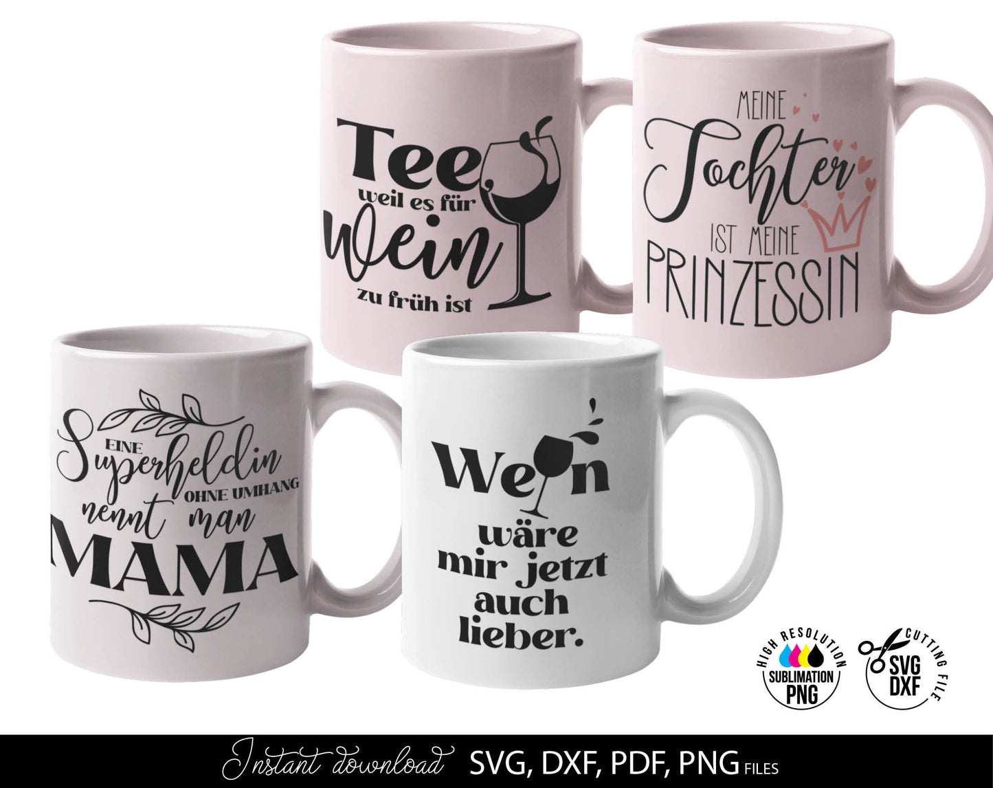 German mama, schwaster, freundin quotes svg bundle. Use for cutting from vinyl, for sublimation or laser cut projects. SVG, DXF, PNG files included. Compatible with Cricut, Silhouette or other equipment. Buy now for a good price and enjoy!