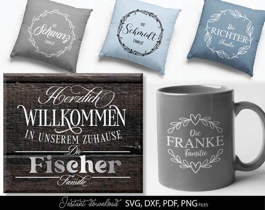 German Willkommen Family Name Monograms Plotter File  Bundle. For Your home decoration. SVG, DXF, EPS, PNG files included. Use for cutting from vinyl, sublimation or laser cut files. Compatible with Cricut, Silhouette or other equipment. Buy now!