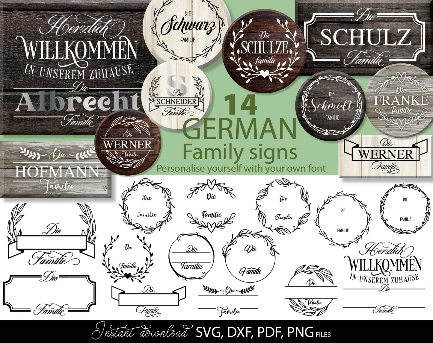 German Willkommen Family Name Monograms Plotter File  Bundle. For Your home decoration. SVG, DXF, EPS, PNG files included. Use for cutting from vinyl, sublimation or laser cut files. Compatible with Cricut, Silhouette or other equipment. Buy now!