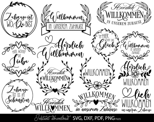 German Willkommen Plotter File Svg Bundle. For Your home decoration. SVG, DXF, EPS, PNG files included. Use for cutting from vinyl, sublimation or laser cut files.