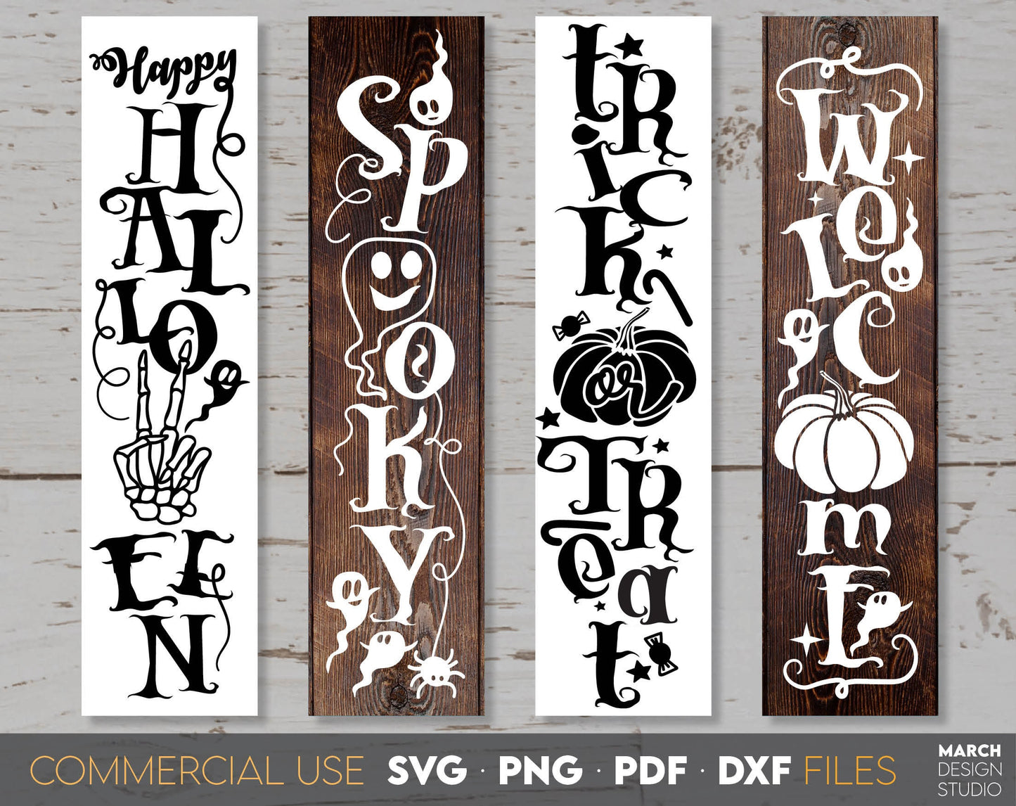 Halloween fall porch signs bundle. SVG, PNG, PDF, DXF files included. Cut from vinyl, use for sublimation or laser cut / grave projects. Compatible with Cricut, Silhouette or other machines. Buy now for a good price and enjoy!