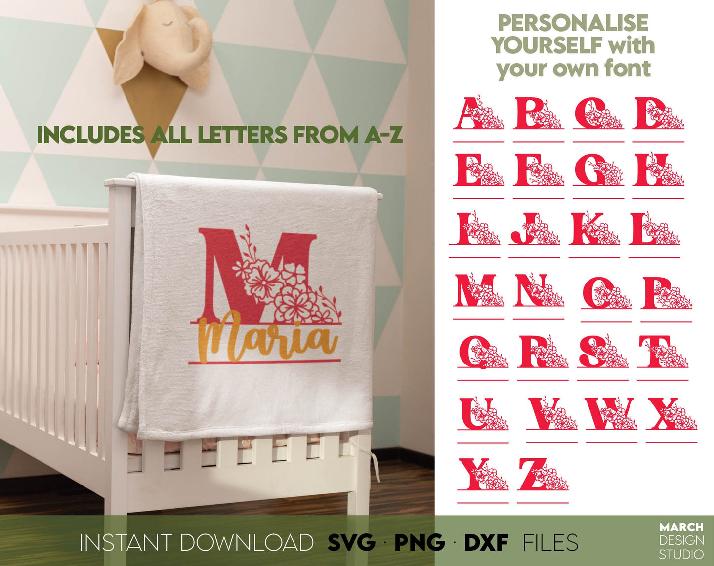 Split Monograms wrapped in flowers are useful for creating wedding gifts, family name monograms or as a personal birthday gift. Various file formats allow you to use this monogram with Cricut, Silhouette or Glowforge machines.