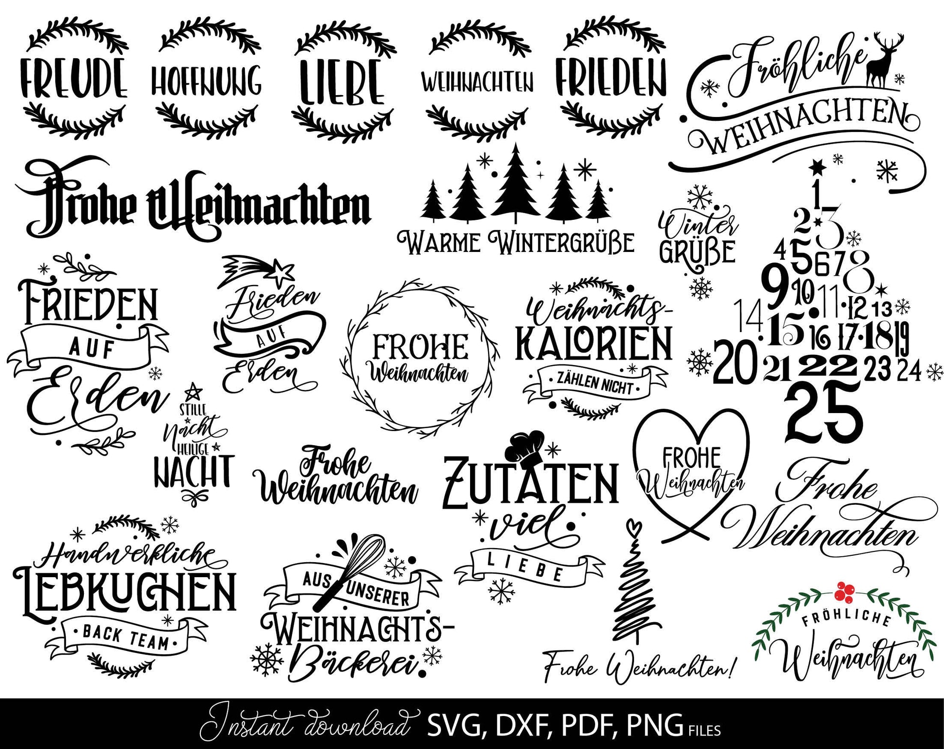 German Christmas bundle 23 designs. SVG DXF PDF PNG files included. Compatible with Cricut, Silhouette or other equipment. Cut from vinyl, use for sublimation or laser cut  or grave projects. Buy now for a good price and enjoy!